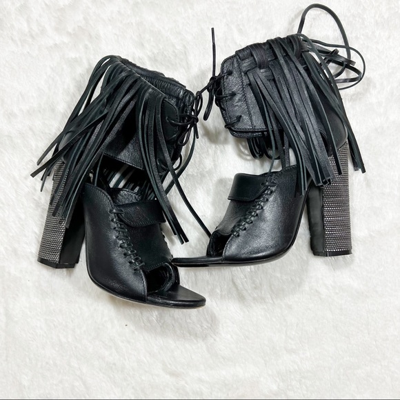 Diesel Black Gold Shoes - Diesel Black Gold Leather Open Toe Ankle Fringe Stacked Heels Size 39